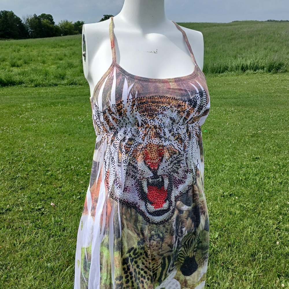 Tiger Dress size L Large Vintage Jungle Print Rhinestones Tank Top style summer